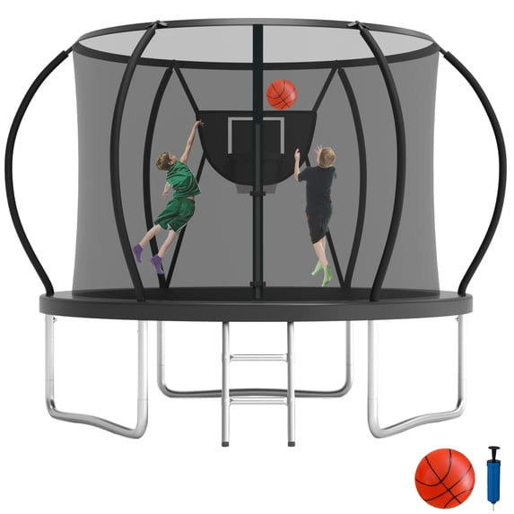 KOFUN 8FT Trampoline with Basketball Hoop & Light, 800LBS Heavy Duty Trampoline for Adults Capacity for 1-2 Kids, No Gap Design Backyard Trampoline with Enclosure Net, Ladder, A Ball, Black