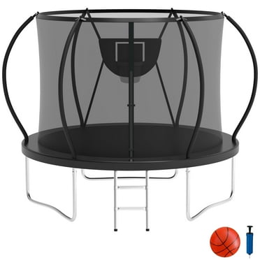 KOFUN Trampoline with Basketball Hoop, 1500lbs 8FT 10FT 12FT 14FT 16FT Trampoline for Adults and Kids, No Gap Design Backyard Trampoline with Enclosure Net, Ladder, A Ball, Black