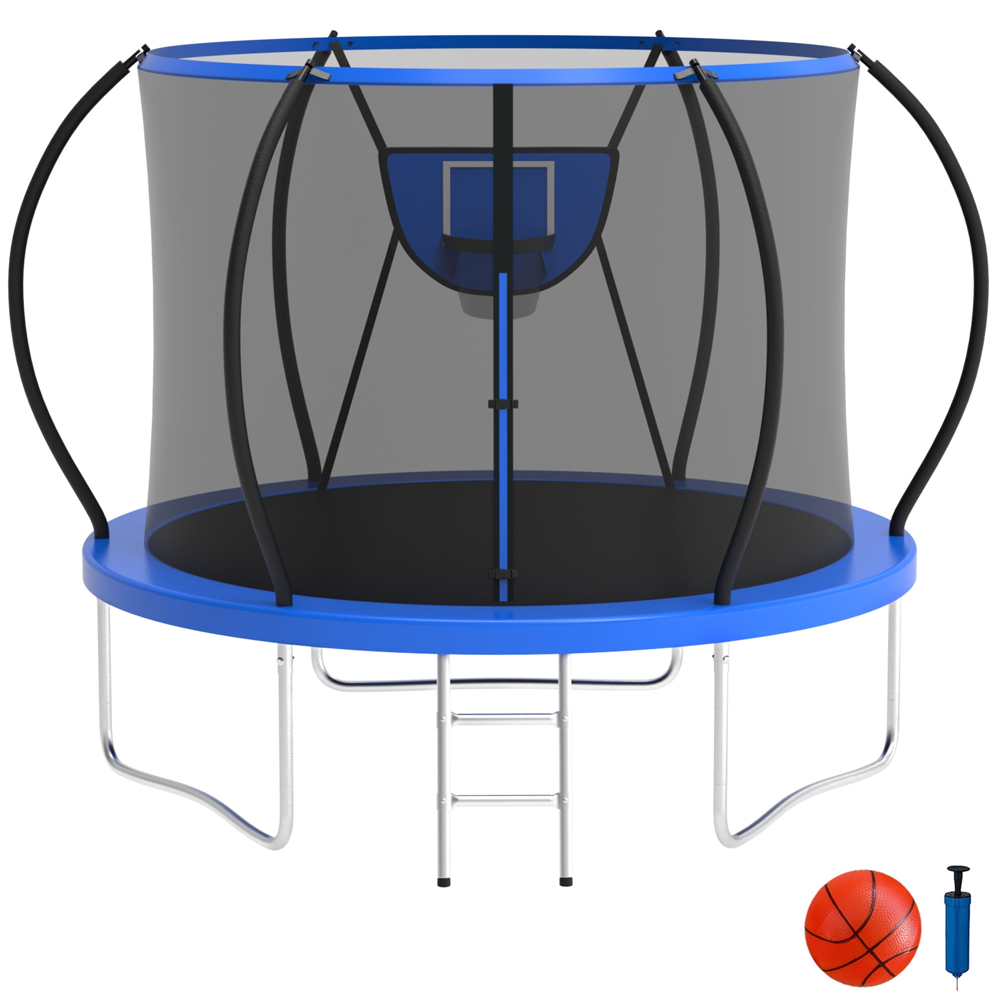 12FT Black and Blue Round Trampoline with Enclosure and Basketball Hoop