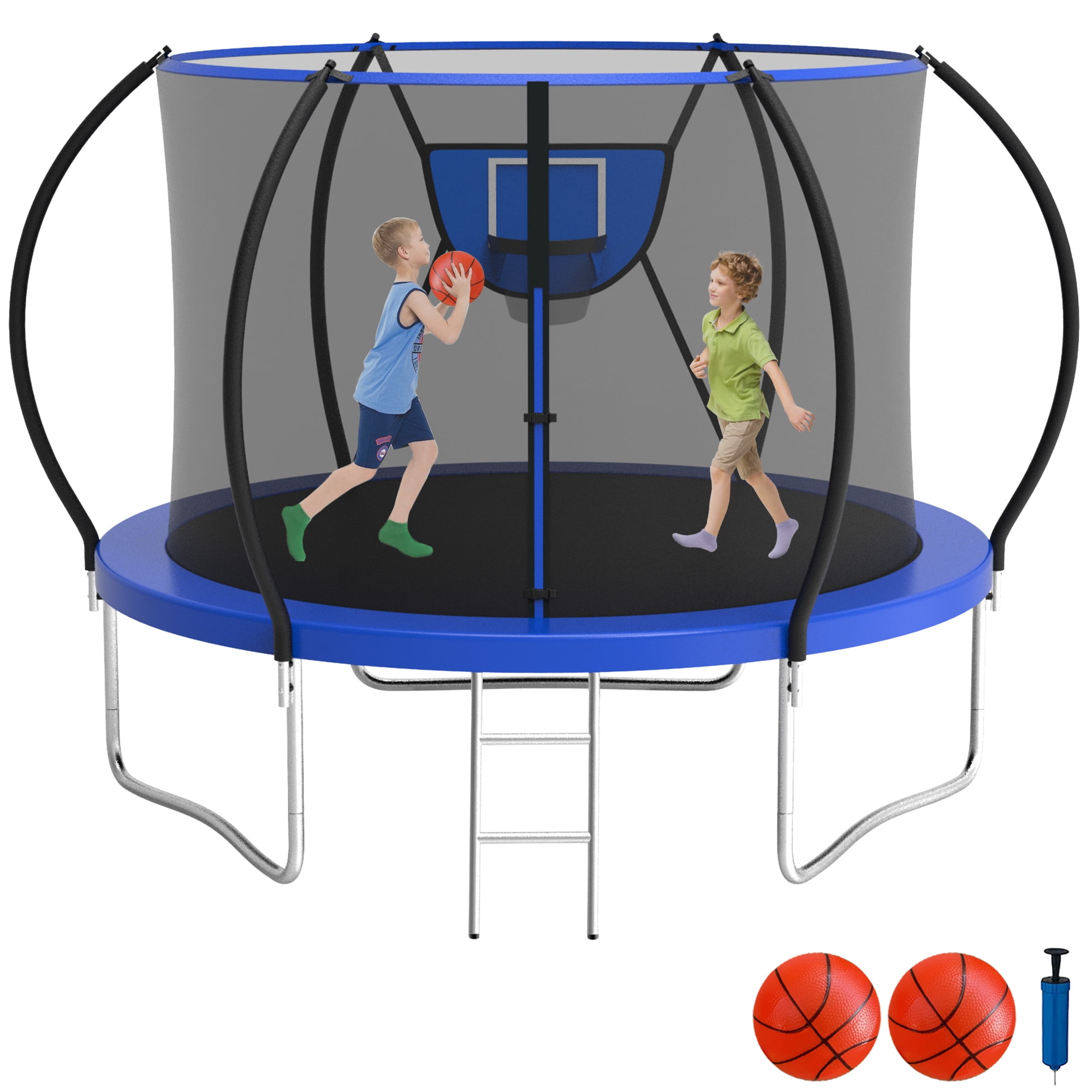 12FT Black and Blue Round Trampoline with Enclosure and Basketball Hoop