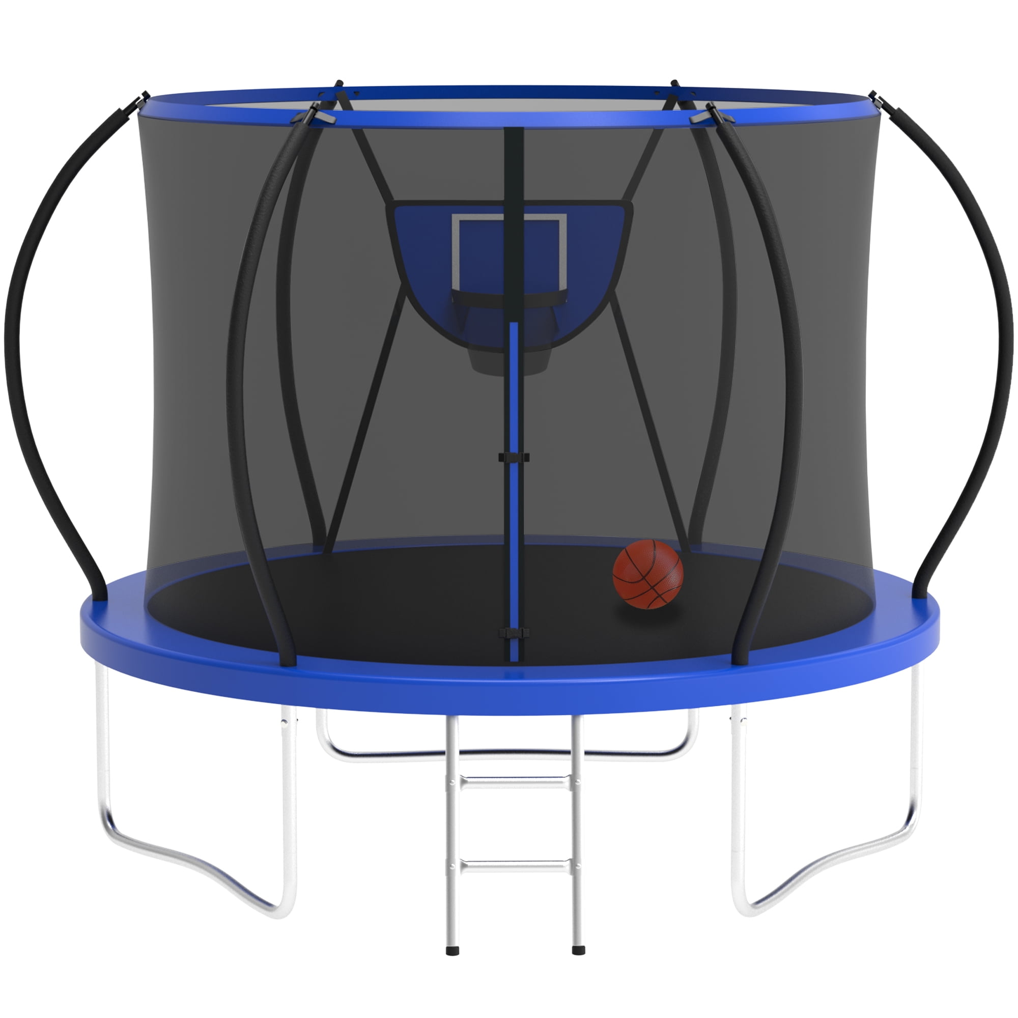 KOFUN Trampoline with Basketball Hoop, 8FT Trampoline for Adults and Kids, No Gap Design Backyard Trampoline with Enclosure Net, Ladder, A Ball, Blue