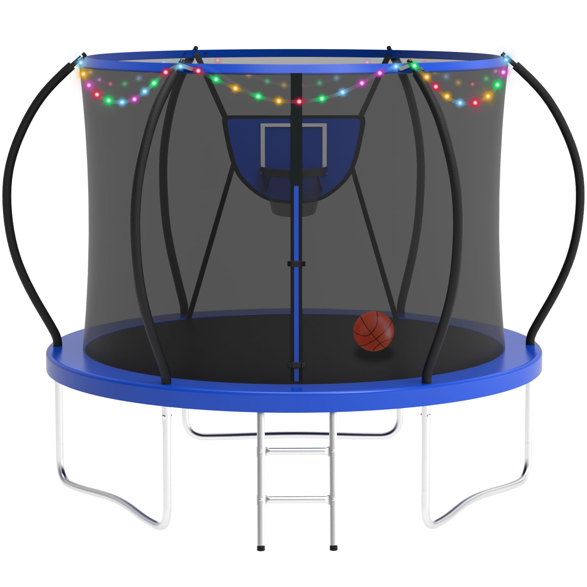 KOFUN Trampoline with Basketball Hoop & Light, 8FT Trampoline for Adults and Kids, No Gap Design Backyard Trampoline with Enclosure Net, Ladder, A Ball, Blue
