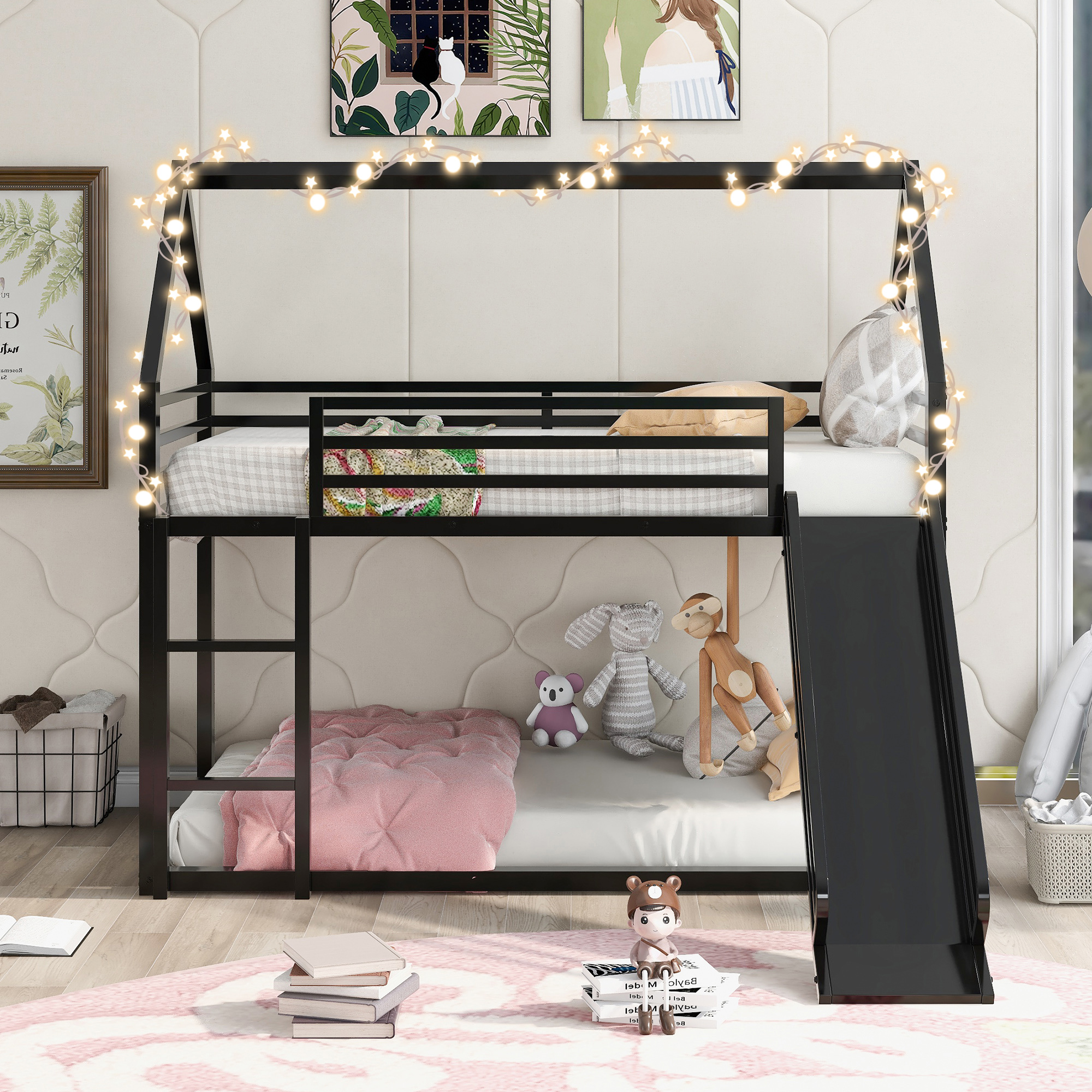 KOFUN Bunk Bed with Slide, Metal Bunk Bed Twin over Twin, House Bunk