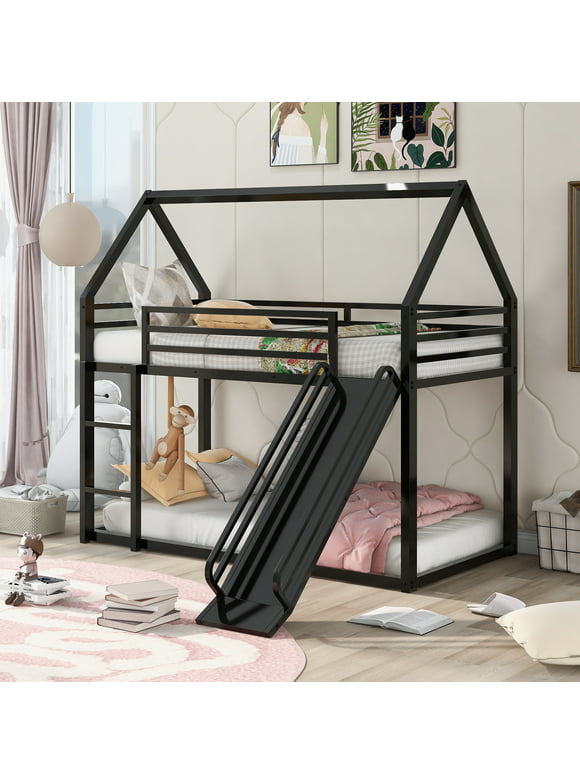 KOFUN Bunk Bed with Slide, Metal Bunk Bed Twin over Twin, House Bunk Bed with Built-in Ladder, Low Bunk Bed for Kids Toddlers Teens, Black