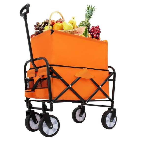 KOFUN Collapsible Wagon Cart, Beach Wagon, Heavy Duty Utility Cart Utility Wagon Grocery Cart for Camping Shopping Sports Gardening Fishing, All-Terrain Wheels, Orange