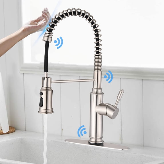 KOFUN Smart Touch Faucet, Touchless Kitchen Faucet with Pull Down Sprayer, Motion Sensor Smart Hands-Free Single Handle Sink Faucet, Single Hole Stainless Steel Spring Kitchen Faucet, Brushed Nickel