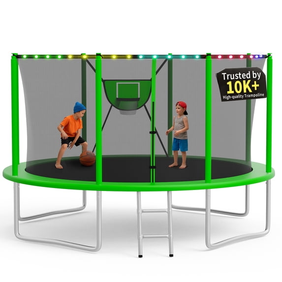 KOFUN Trampoline 12FT with Basketball Hoop for Kids and Adults, Capacity 1200LBS, Outdoor Backyard Trampoline with Enclosure Net, Ladder, Light, Green