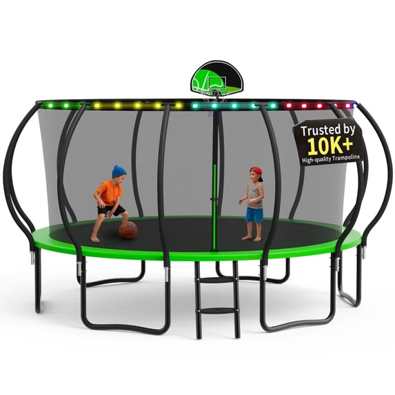KOFUN Trampoline, 15FT Trampoline for Kids and Adult, Trampoline with Safety Enclosure Net, Light, Ladder, Basketball Hoop, Outdoor Trampoline, 1500LBS Weight Capacity, No Gap Design