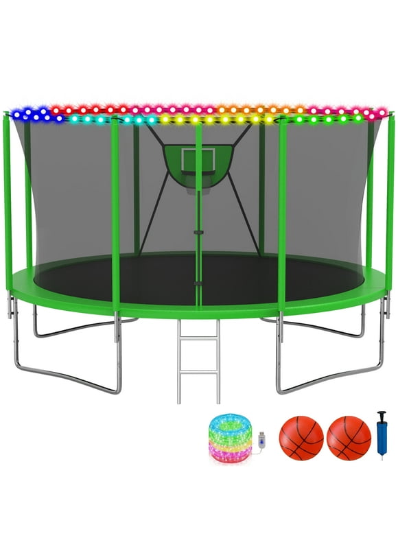 KOFUN Trampoline with Adjustable Basketball Hoop & Light, 1500lbs 10FT 12FT 14FT 16FT Trampoline for Adults and Kids, No Gap Design Backyard Trampoline with Enclosure Net, Ladder, Green