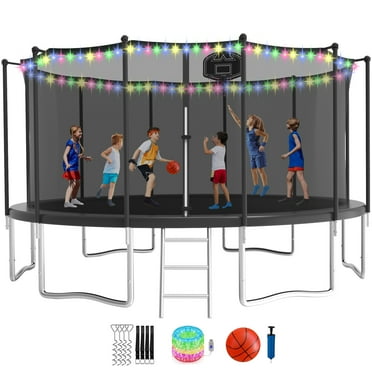 KOFUN Trampoline for Adults and Kids, 16FT 15FT 14FT 12FT 10FT 8FT Trampoline with Basketball Hoop, Enclosure Net, Ladder, Light, Anchor Kits, Heavy Duty Outdoor Backyard Trampolines, Black