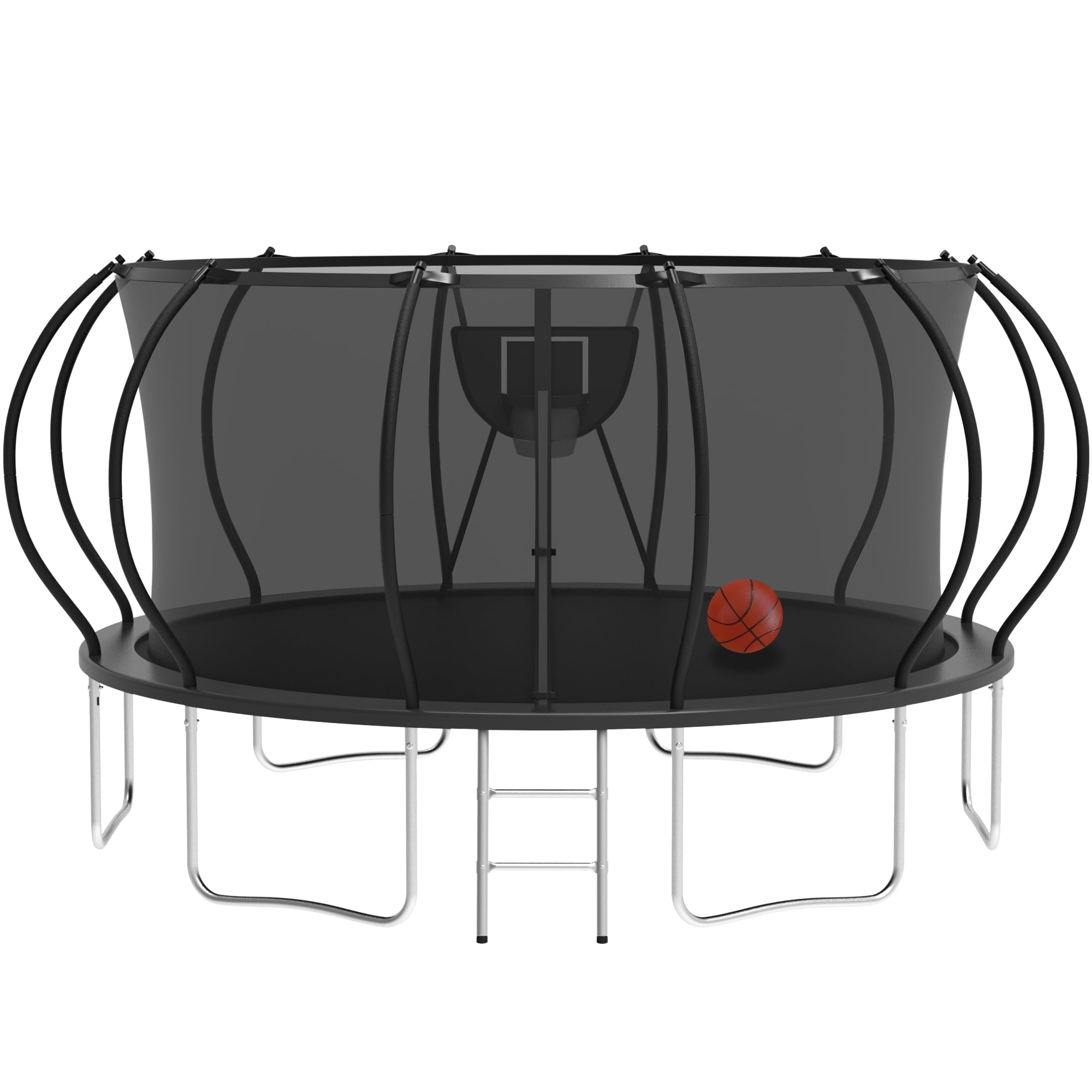 KOFUN Trampoline with Basketball Hoop, 16FT Trampoline for Adults and Kids, No Gap Design Backyard Trampoline with Enclosure Net, Ladder, A Ball, Black