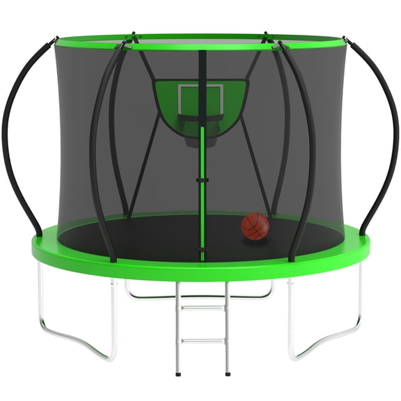 KOFUN Trampoline with Basketball Hoop, 10FT Trampoline for Adults and Kids, No Gap Design Backyard Trampoline with Enclosure Net, Ladder, A Ball, Green