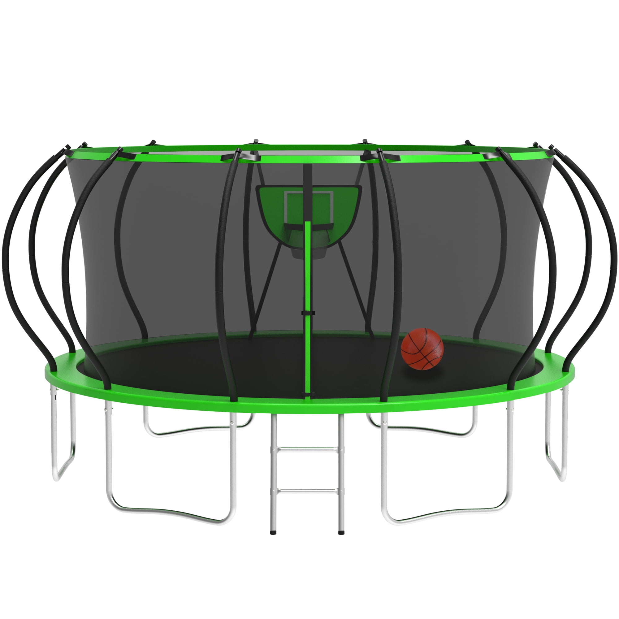 KOFUN Trampoline with Basketball Hoop, 16FT Trampoline for Adults and Kids, No Gap Design Backyard Trampoline with Enclosure Net, Ladder, A Ball, Green