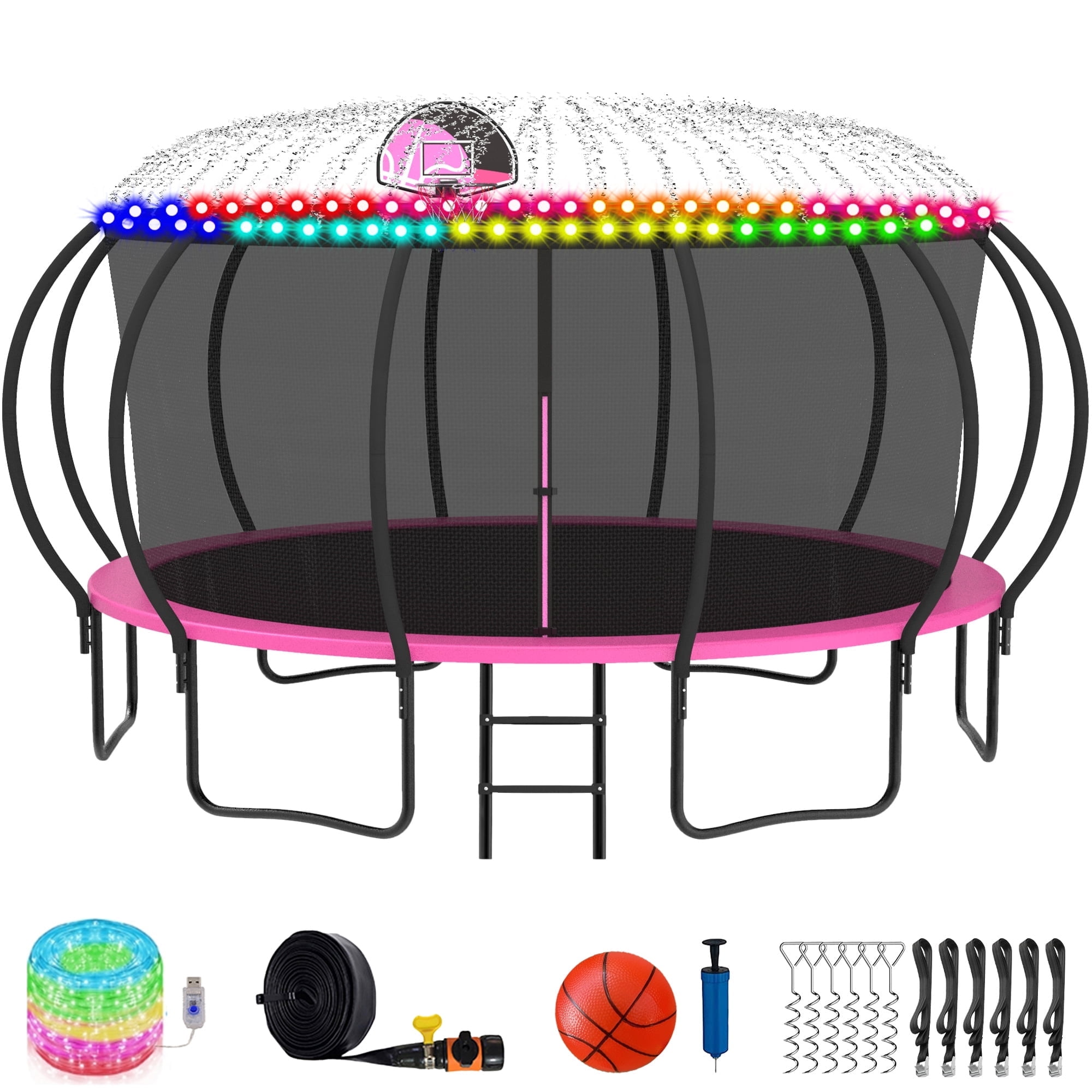 KOFUN Trampoline with Basketball Hoop, 8FT 10FT 12FT 14FT 15FT 16FT  Trampoline with Enclosure, Light, Sprinkler, Anchors Kit, Ladder, Heavy Duty  Backyard Trampoline for Kids and Adults, Pink 