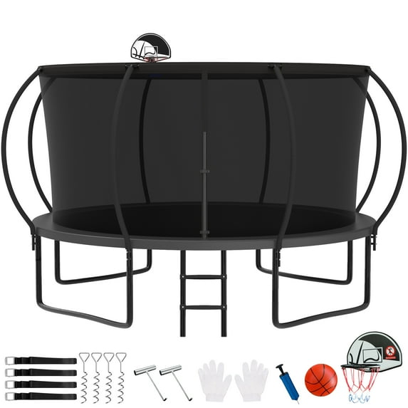 KOFUN Trampoline with Basketball Hoop, Enclosure, Anchors Kit, Ladder, 8FT 10FT 12FT 14FT 15FT 16FT Heavy Duty Backyard Trampoline for Kids and Adults, Galvanized Anti-Rust Coating, Gray