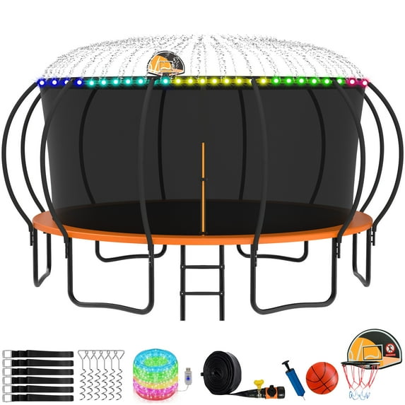 KOFUN Trampoline with Basketball Hoop, Enclosure, Light, Sprinkler, Anchors Kit, Ladder, 8FT 10FT 12FT 14FT 15FT 16FT Heavy Duty Backyard Trampoline for Kids and Adults, Orange