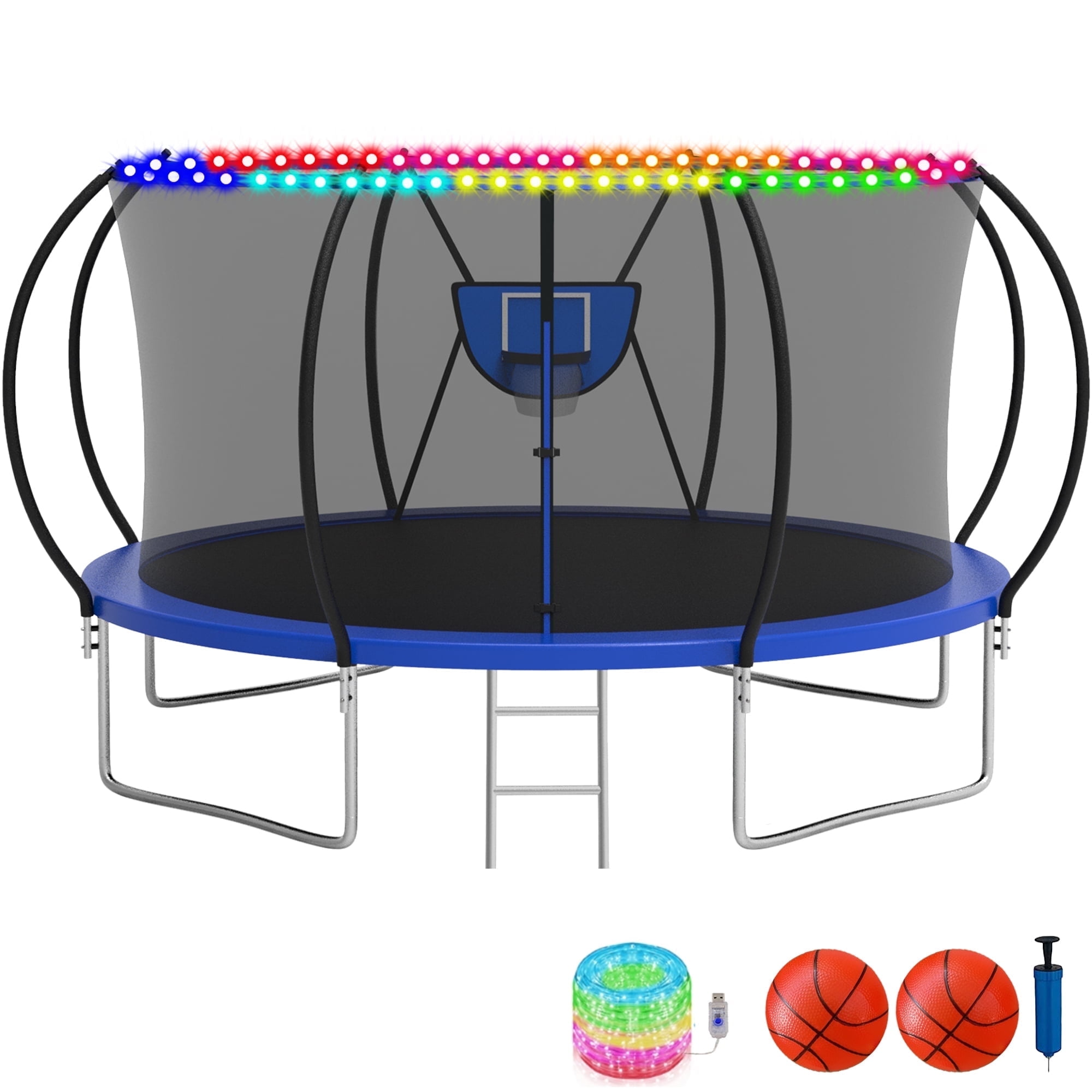 KOFUN Trampoline with Basketball Hoop & Light, 1500lbs 10FT 12FT 14FT 16FT Trampoline for Adults and Kids, No Gap Design Backyard Trampoline with Enclosure Net, Ladder, Blue