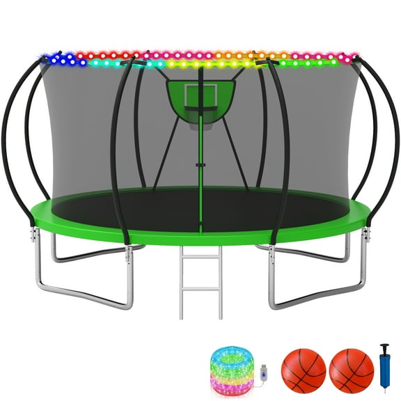 KOFUN Trampoline with Basketball Hoop & Light, 1500lbs 10FT 12FT 14FT 16FT Trampoline for Adults and Kids, No Gap Design Backyard Trampoline with Enclosure Net, Ladder, 2 Balls, Green