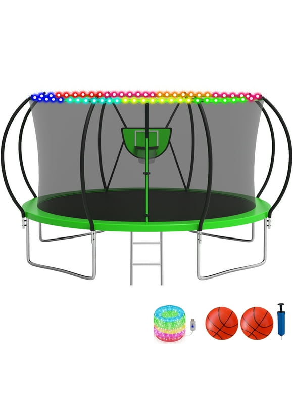 KOFUN Trampoline with Basketball Hoop & Light, 1500lbs 10FT 12FT 14FT 16FT Trampoline for Adults and Kids, No Gap Design Backyard Trampoline with Enclosure Net, Ladder, Green