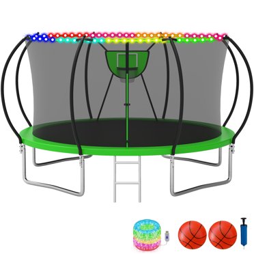 14FT Trampoline Replacement Net With 6 Poles & Solar Lights - Complete Enclosure Kit For Round Trampolines