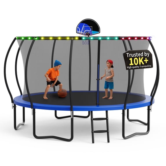 KOFUN Trampoline, 14FT Trampoline for Kids and Adult, Trampoline with Safety Enclosure Net, Light, Ladder, Basketball Hoop, Outdoor Trampoline, 1400LBS Weight Capacity, No Gap Design