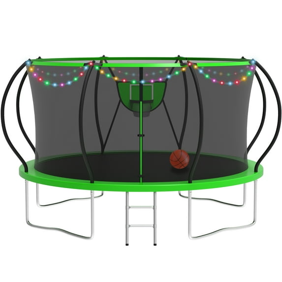 KOFUN Trampoline with Basketball Hoop & Light, 12FT Trampoline for Adults and Kids, No Gap Design Backyard Trampoline with Enclosure Net, Ladder, A Ball, Green