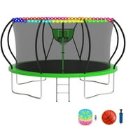 KOFUN Trampoline with Basketball Hoop & Light, 1500lbs 8FT 10FT 12FT 14FT 16FT Trampoline for Adults and Kids, No Gap Design Backyard Trampoline with Enclosure Net, Ladder, A Ball, Green
