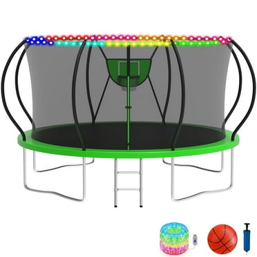 KOFUN Trampoline with Basketball Hoop & Light, 1500lbs 8FT 10FT 12FT 14FT 16FT Trampoline for Adults and Kids, No Gap Design Backyard Trampoline with Enclosure Net, Ladder, A Ball, Green