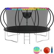 KOFUN Trampoline with Basketball Hoop & Light, 1500lbs 8FT 10FT 12FT 14FT 16FT Trampoline for Adults and Kids, No Gap Design Backyard Trampoline with Enclosure Net, Ladder, A Ball, Black