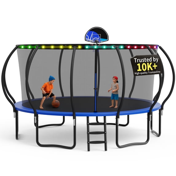 KOFUN Trampoline, 16FT Trampoline for Kids and Adult, Trampoline with Safety Enclosure Net, Light, Ladder, Basketball Hoop, Outdoor Trampoline, 1500LBS Weight Capacity, No Gap Design