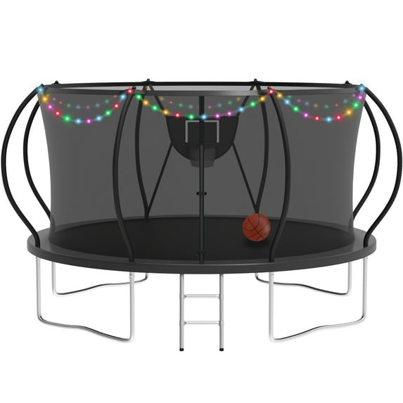 KOFUN Trampoline with Basketball Hoop & Light, 12FT Trampoline for Adults and Kids, No Gap Design Backyard Trampoline with Enclosure Net, Ladder, A Ball, Black