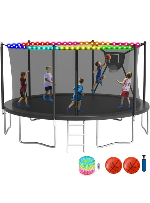 KOFUN Trampoline with Enclosure Net, Basketball Hoop, Light, 1500lbs 10FT 12FT 14FT 16FT Trampoline for Adults and Kids, No Gap Design Backyard Trampoline with Ladder, Black