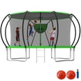 thumbnail image 1 of KOFUN Trampoline with Shade Cover, 12FT Trampoline with Basketball Hoop, Enclosure Net, Ladder, Heavy Duty Outdoor Backyard Trampolines, Pumpkin Trampoline, Green Trampoline + Gray Cover, 1 of 7