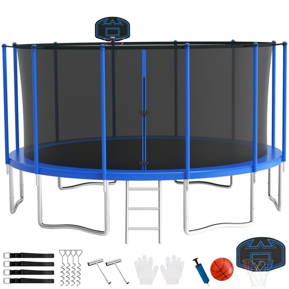 KOFUN Trampoline with Enclosure Net & Anchor Kits, 16FT 15FT 14FT 12FT 10FT 8FT Trampoline with Basketball Hoop, Ladder, Heavy Duty Outdoor Backyard Trampolines, Blue
