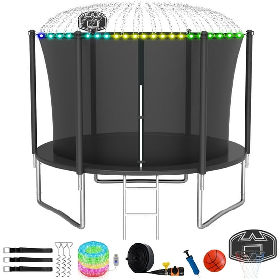 KOFUN Trampoline with Enclosure Net & Anchor Kits, 16FT 15FT 14FT 12FT 10FT 8FT Trampoline with Basketball Hoop, Ladder, Light, Sprinkler, Heavy Duty Outdoor Backyard Trampolines, Black