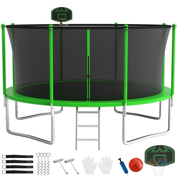 KOFUN Trampoline with Enclosure Net & Anchor Kits, 16FT 15FT 14FT 12FT 10FT 8FT Trampoline with Basketball Hoop, Ladder, Heavy Duty Outdoor Backyard Trampolines, Green