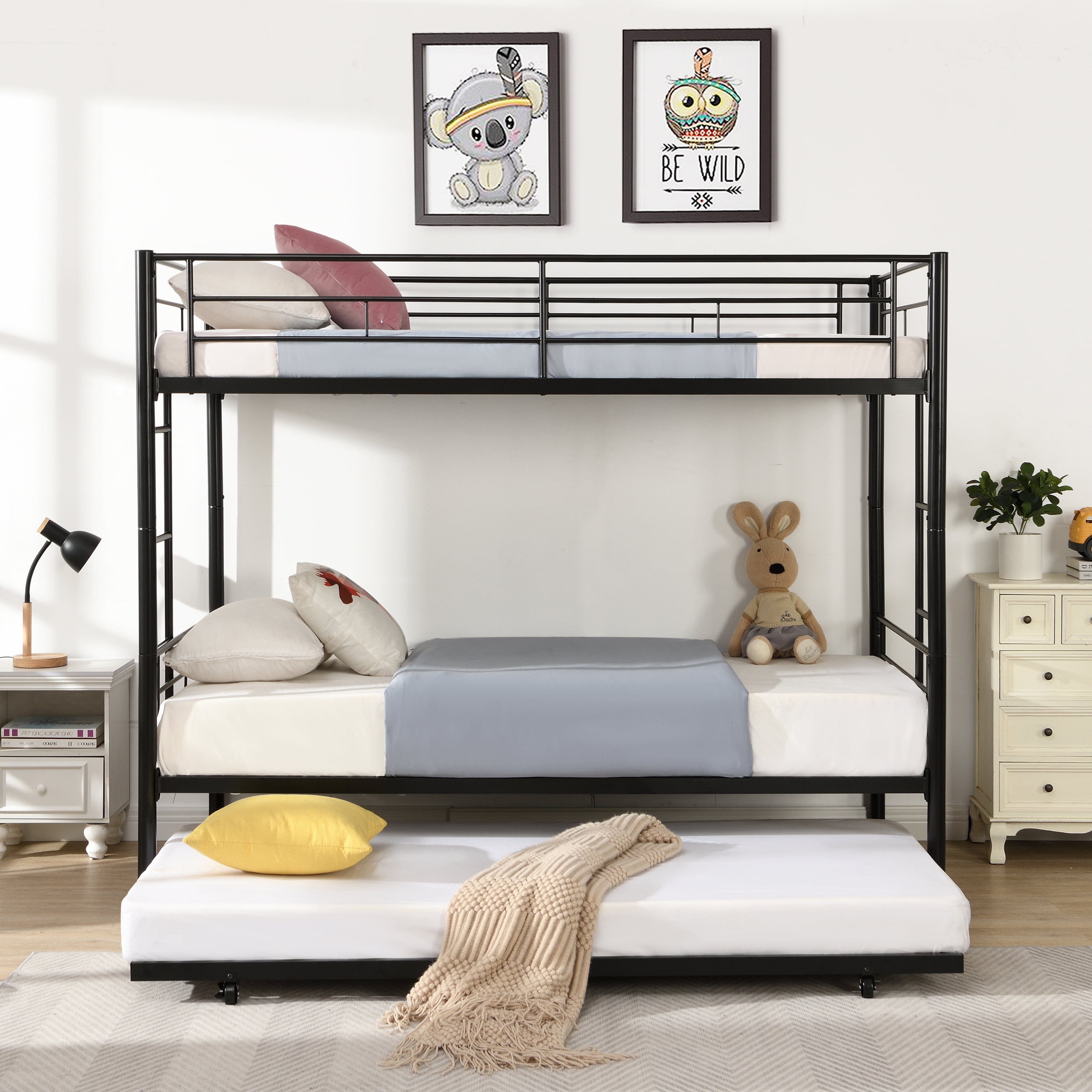 KOFUN Twin over Twin Metal Bunk Bed with Trundle, Heavy Duty Bunk Beds