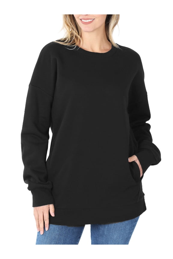 Women's Round Neck Basic Long Sweater with Pockets