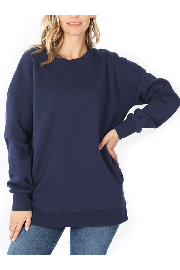 Women's Round Neck Basic Long Sweater with Pockets