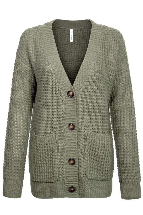 Women's Waffle Knit Sweater Cardigans with Buttons and Pockets