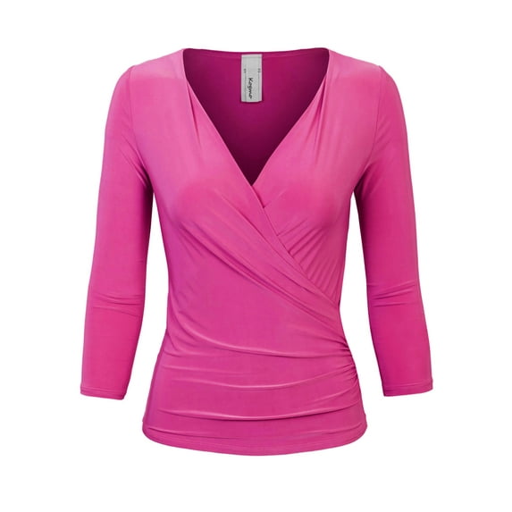KOGMO Womens 3/4 Sleeve Side Wrap Ruched Shirred Slim Fit V-neck Top Shirts
