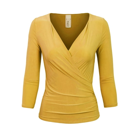 KOGMO Womens 3/4 Sleeve Side Wrap Ruched Shirred Slim Fit V-neck Top Shirts