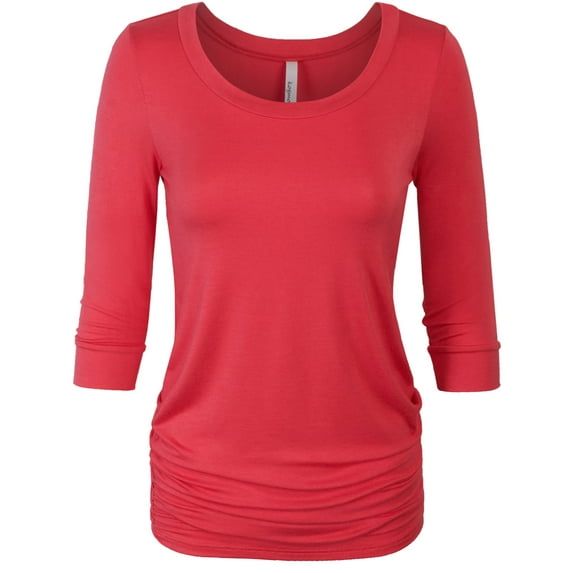 KOGMO Womens 3/4 Sleeve Solid Basic Drape Top Side Shirring Tunic (S-3X)