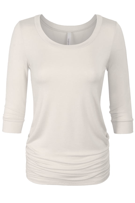 Womens 3/4 Sleeve Solid Basic Drape Top Side Shirring Tunic (S-3X)