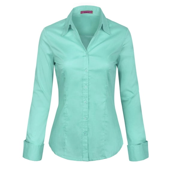 KOGMO Womens Basic Long Sleeve Button Down Shirts Office Work Blouse (S-3X)