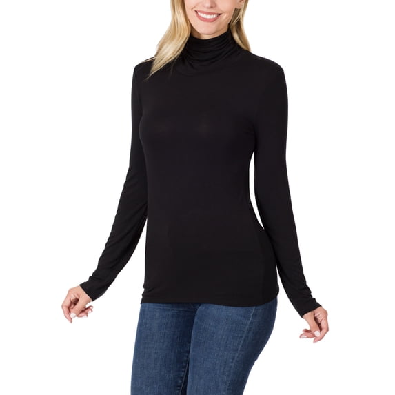 KOGMO Womens Basic Long Sleeve Soft Stretch Rayon Turtle Mock Neck Top