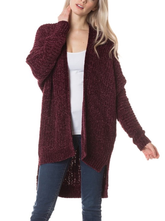 Womens Casual Loose Fit Open Front High Low Chenille Sweater Cardigan