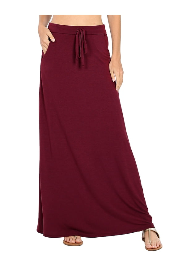 Womens Casual Maxi Skirt with Waist Drawstring and Side Pockets (S-3X)