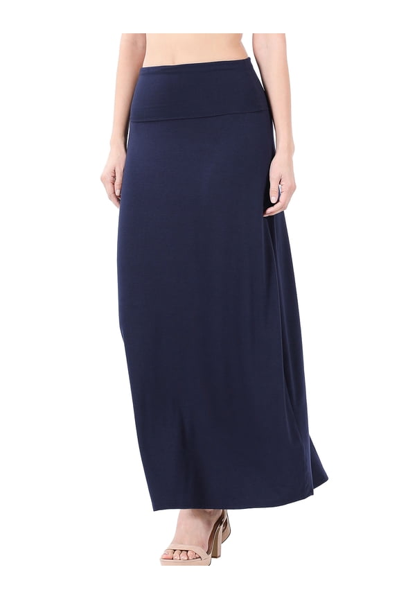 Womens Classic Maxi Skirt with Foldable Wide Waistband (S-3X)