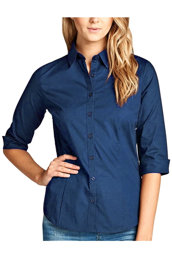 Womens Classic Solid 3/4 Sleeve Button Down Blouse Dress Shirt